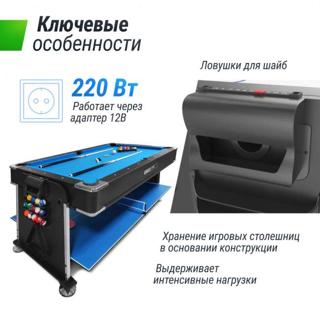 Игровой стол трансформер UNIX Line 4 в 1 (204х112 cм) Black